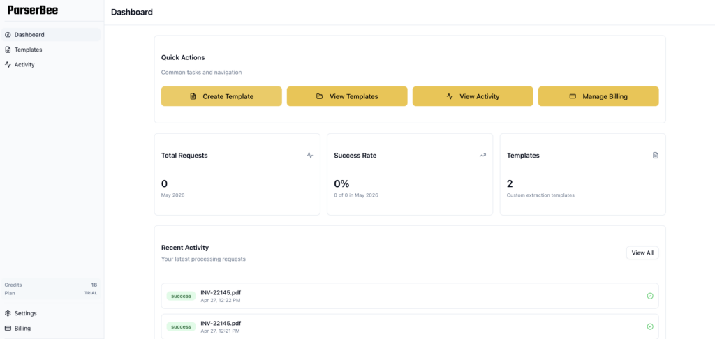 ParserBee dashboard showing Quick Actions, Total Requests, Success Rate, and Templates stats alongside recent invoice processing activity