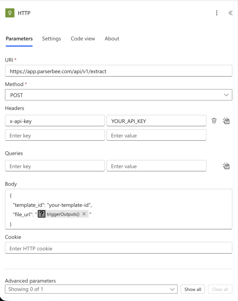 Power Automate HTTP action configured with ParserBee API endpoint, POST method, x-api-key header, and JSON body containing template_id and file_url fields