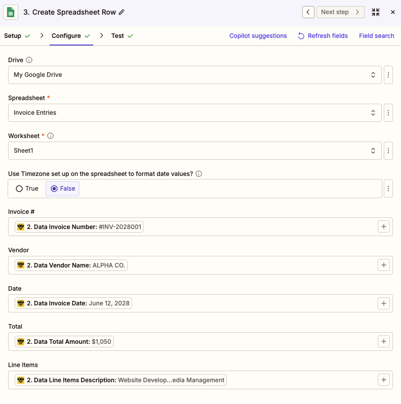 Zapier Google Sheets Create Spreadsheet Row step with ParserBee extracted fields mapped to spreadsheet columns for invoice number, vendor, date, total, and line items