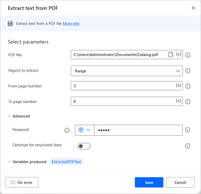 Power Automate Desktop Extract Text from PDF action showing parameters including PDF file path, page range from 3 to 6, and ExtractedPDFText variable output