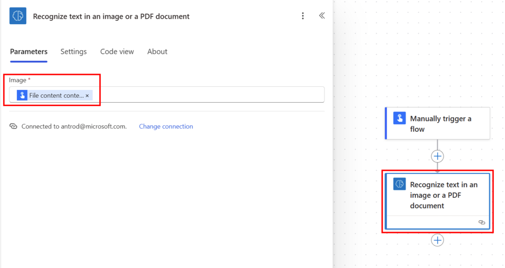 Power Automate Cloud flow showing the AI Builder Recognize text in an image or PDF document action configured with file content input
