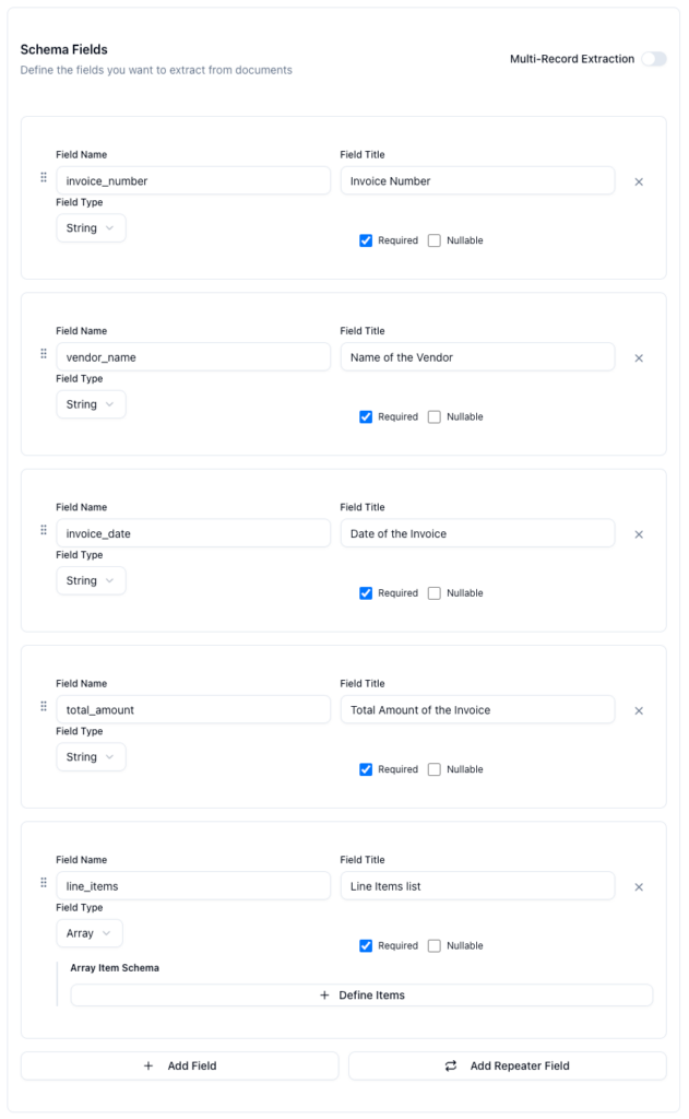 ParserBee invoice Parser Template editor with fields for vendor name, invoice date and total amount, each given a plain-English title