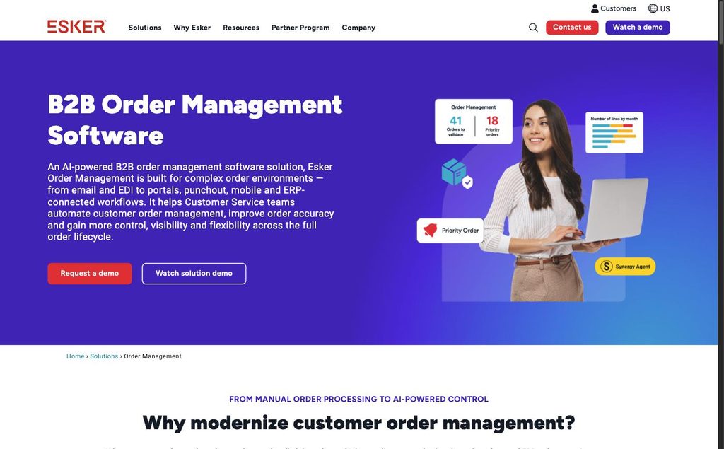 Esker Order Management page showing automated order processing