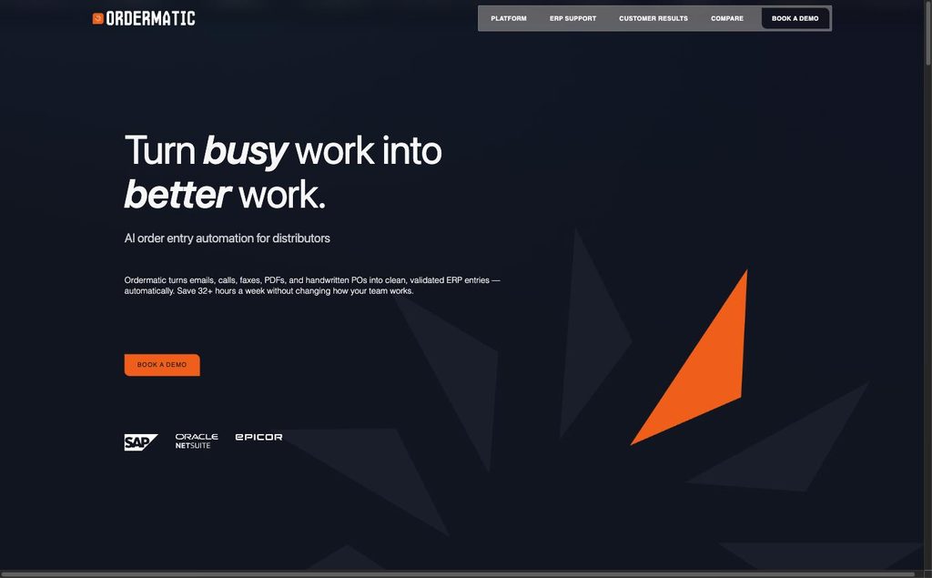 Ordermatic homepage showing AI order entry for distributors