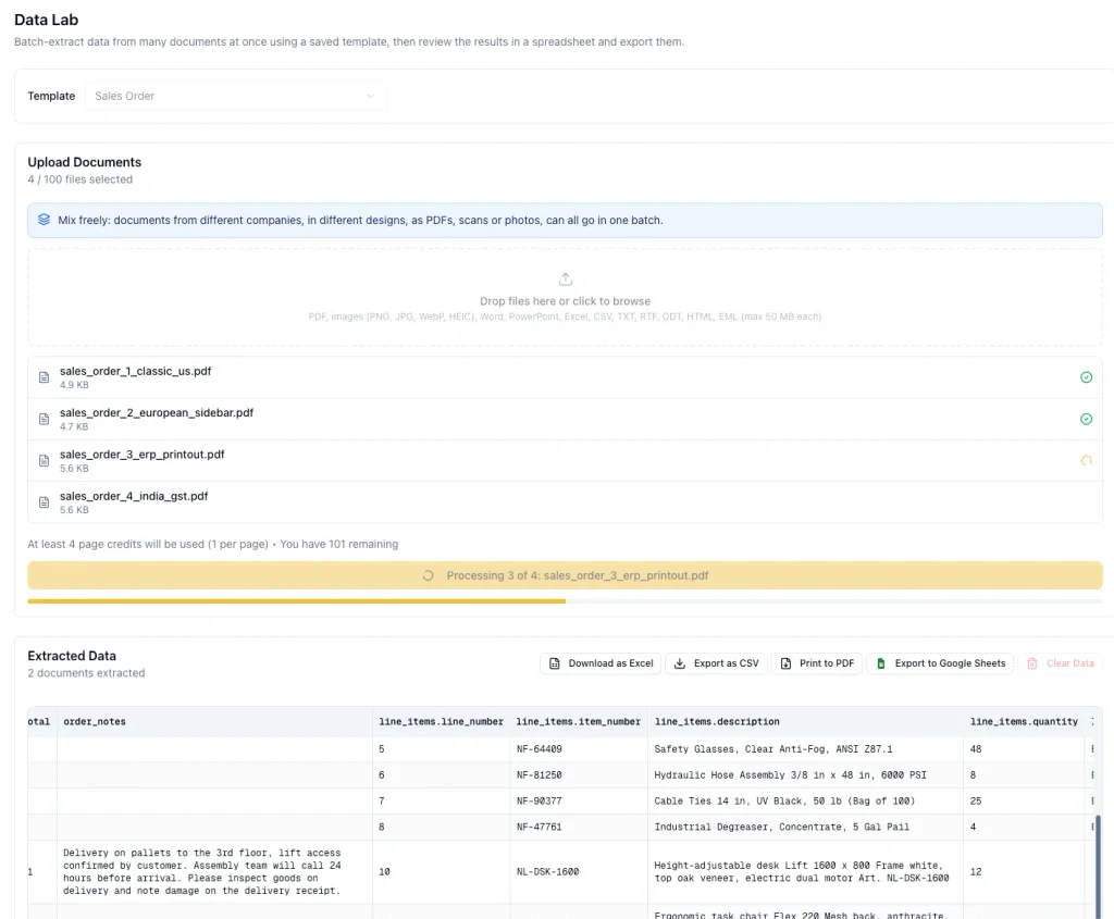 ParserBee Data Lab reading a batch of customer purchase orders