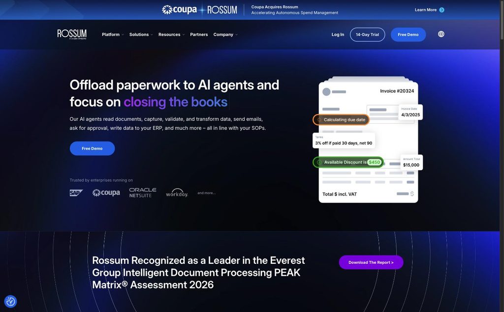 Rossum homepage showing its enterprise document AI platform