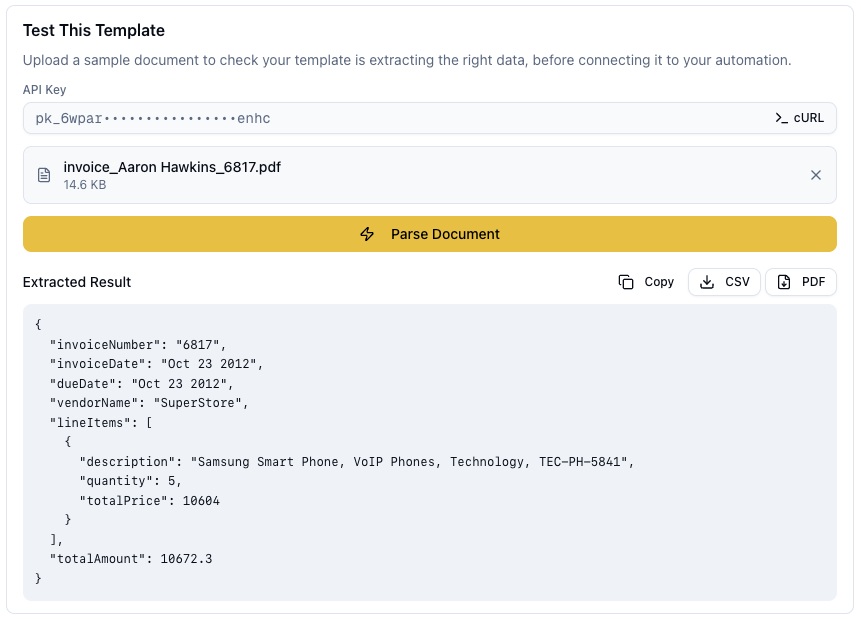 ParserBee template test panel showing extracted invoice data from a sample PDF before building the Power Automate flow