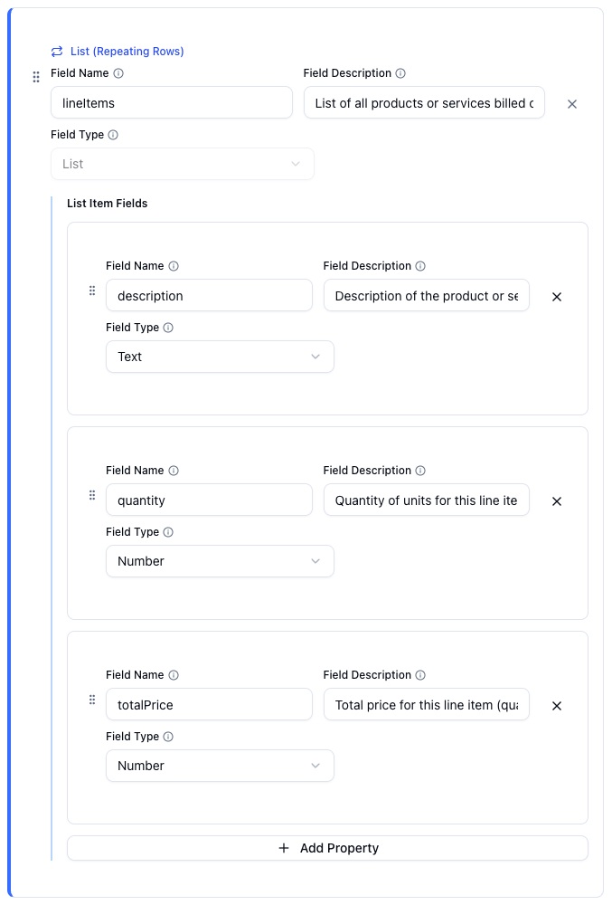 ParserBee field type dropdown with List (Repeating Rows) selected for the line_items invoice field