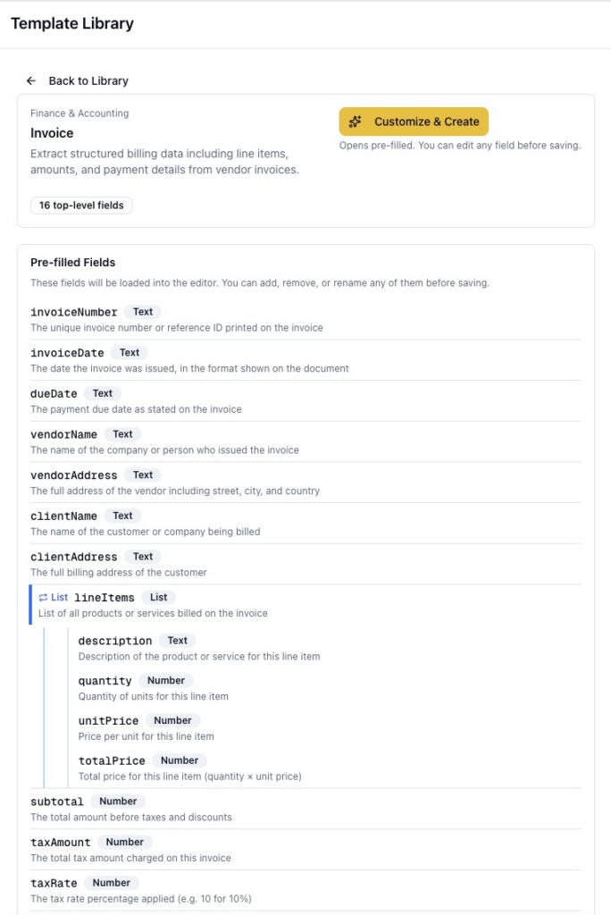 Ready-made Invoice template in the ParserBee Template Library with the Customize and Create button