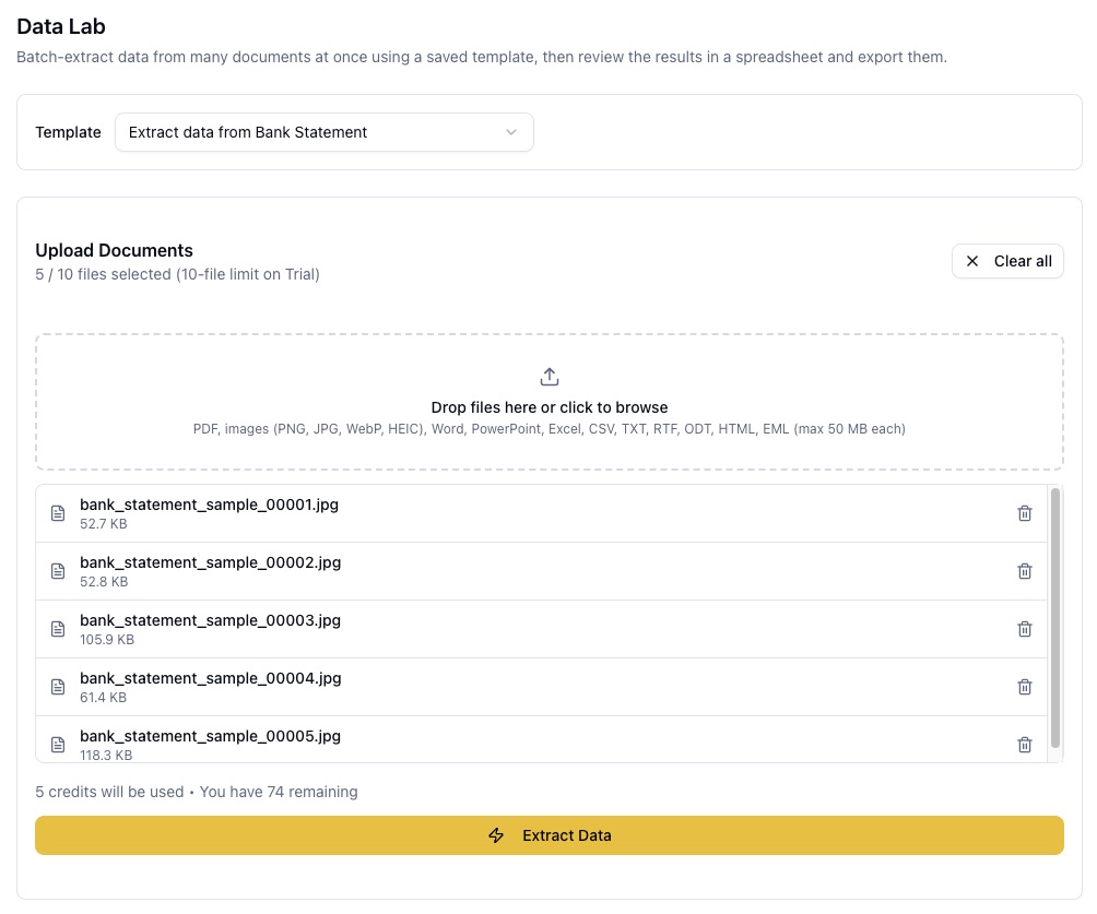 ParserBee Data Lab upload queue with scanned PDF documents that failed text extraction in ChatGPT