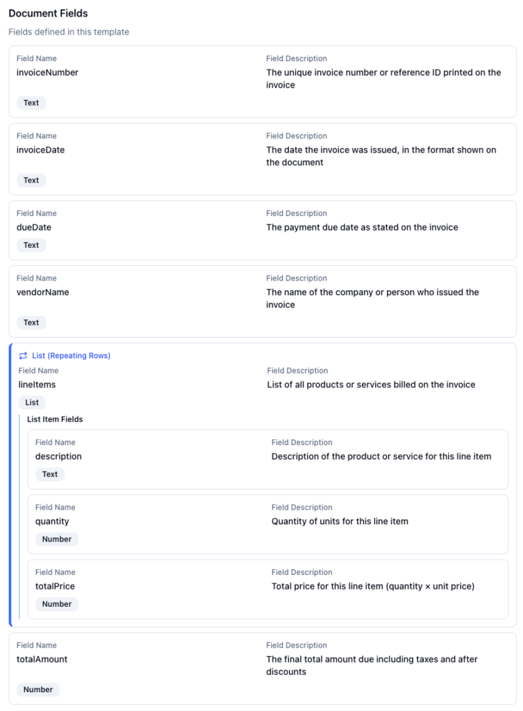 ParserBee invoice template builder with vendor, invoice number, date and line item fields