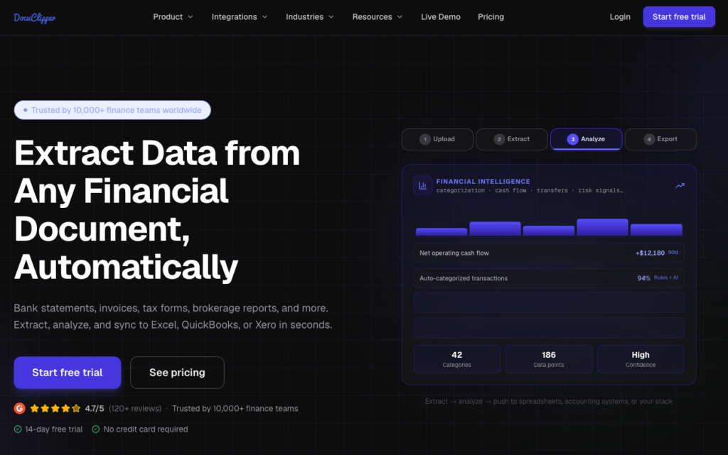 DocuClipper homepage showing its bank statement converter for accountants