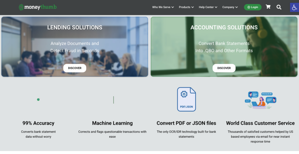 MoneyThumb homepage showing PDF to QuickBooks bank statement converters
