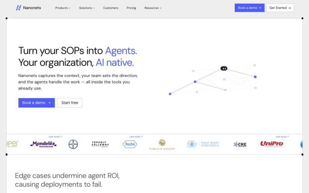 Nanonets homepage showing its AI document processing platform for accounts payable automation
