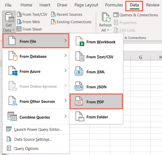 Excel Get Data from PDF menu used to import a bank statement table