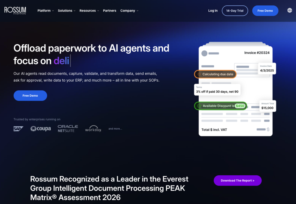 Rossum homepage showing its enterprise document AI platform for transactional documents