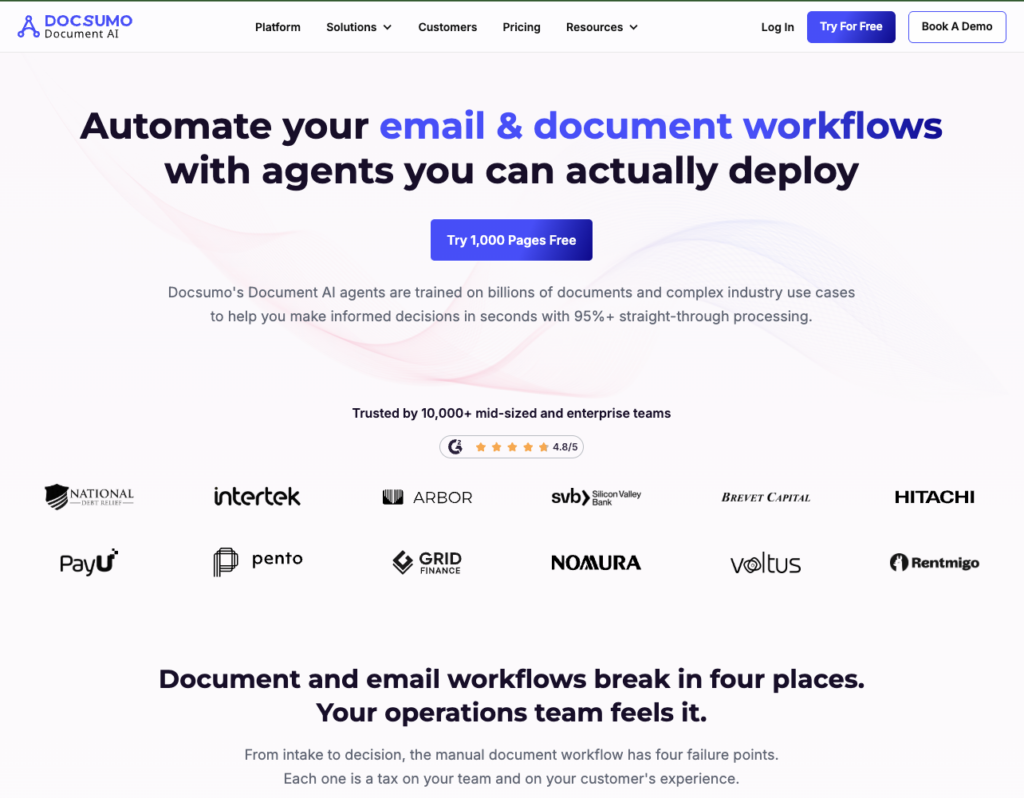 Docsumo homepage showing its intelligent document processing platform for financial documents