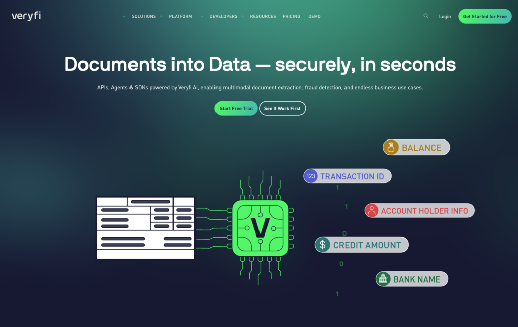 Veryfi homepage showing its developer OCR API for invoices and receipts