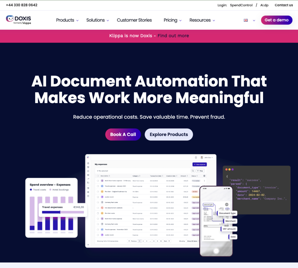 Klippa homepage showing its document processing and spend control products for European businesses