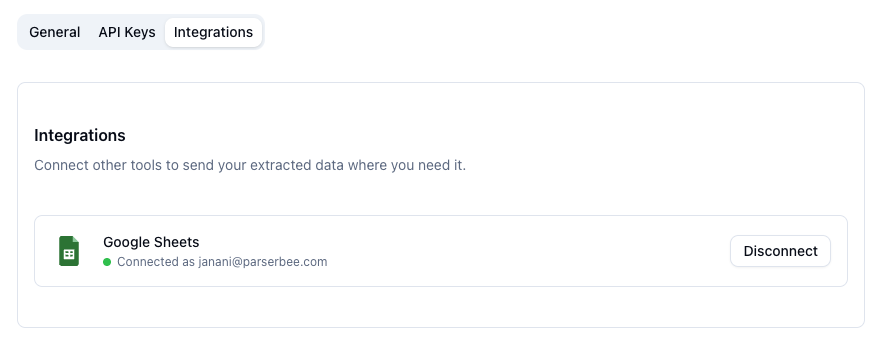 Connecting a Google account to ParserBee to export invoice data to Google Sheets
