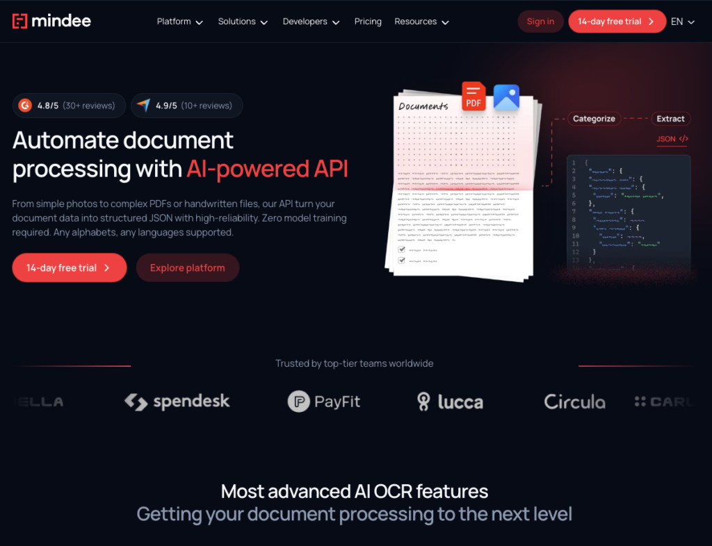 Mindee homepage showing its developer OCR API for document data extraction