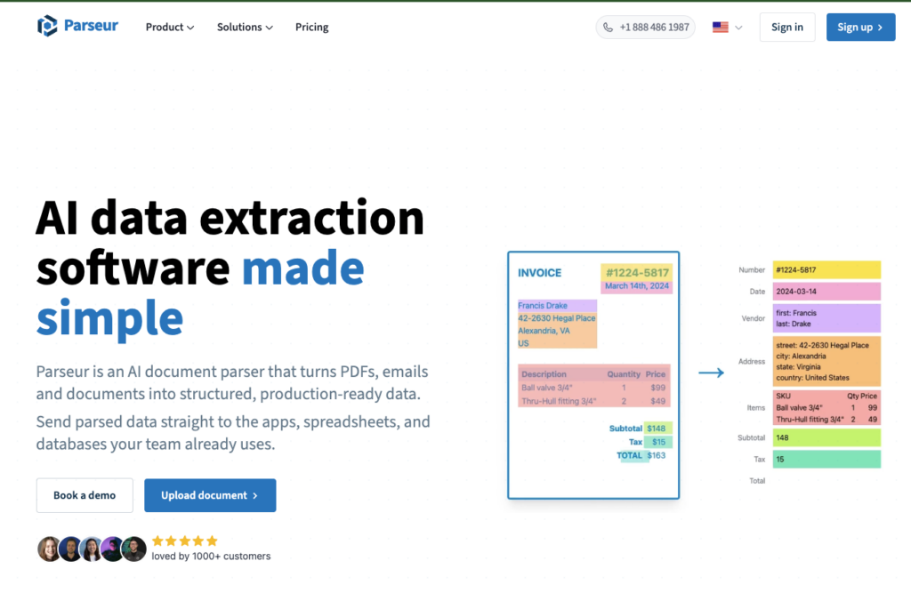 Parseur homepage showing its no-code email and document parser