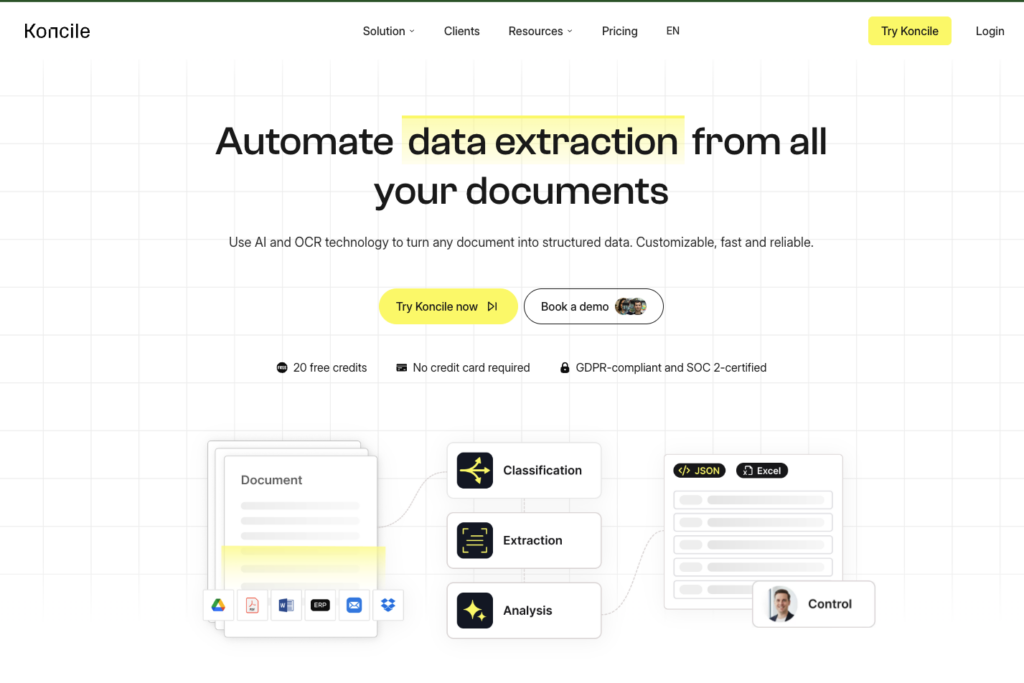 Koncile homepage showing its AI OCR platform for procurement and spend analytics