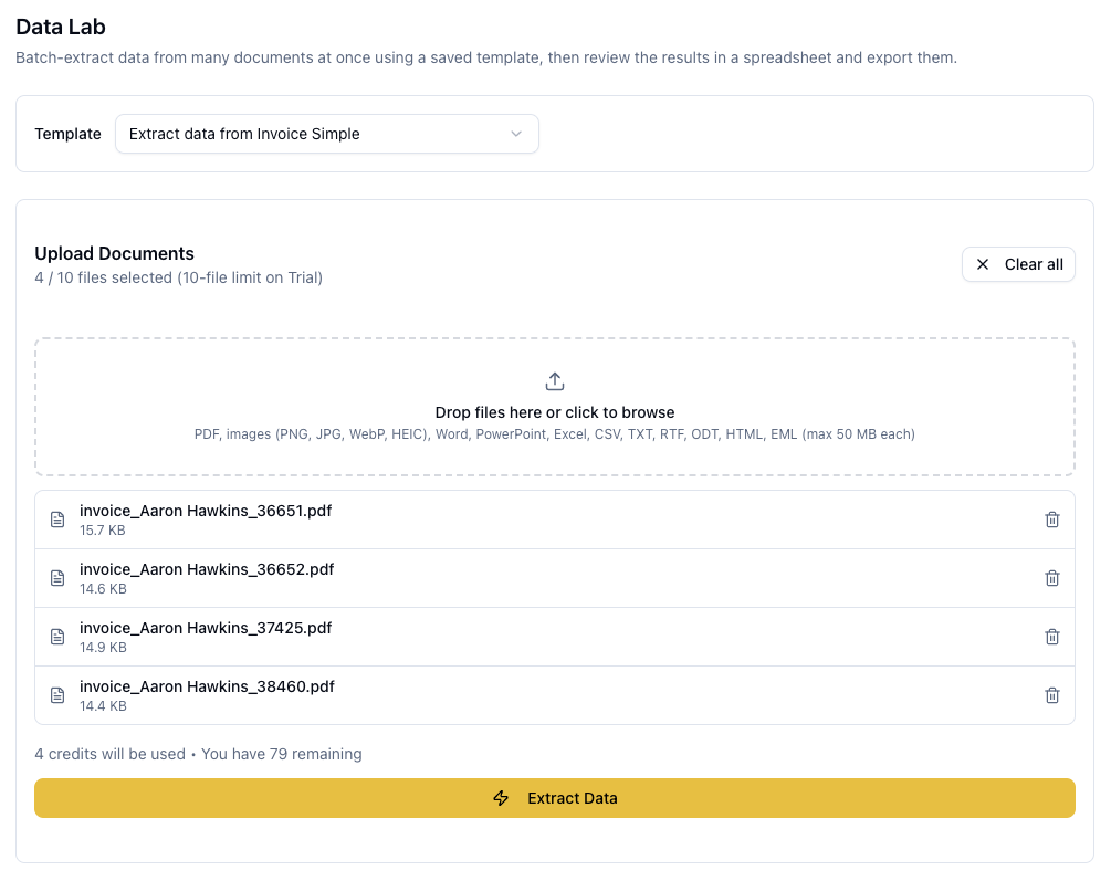 Uploading a batch of invoice PDFs to ParserBee Data Lab