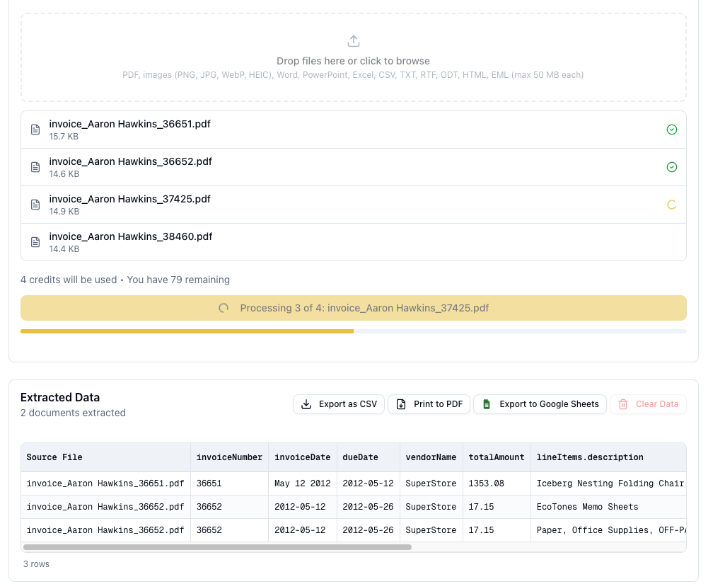 ParserBee extracting invoice data with a live progress bar in Data Lab