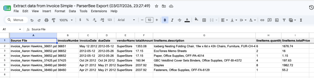 Exported Google Sheet with one invoice per row