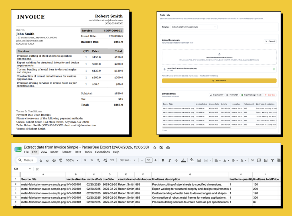 Invoice beside ParserBee's extracted output with line items shown as clean table rows