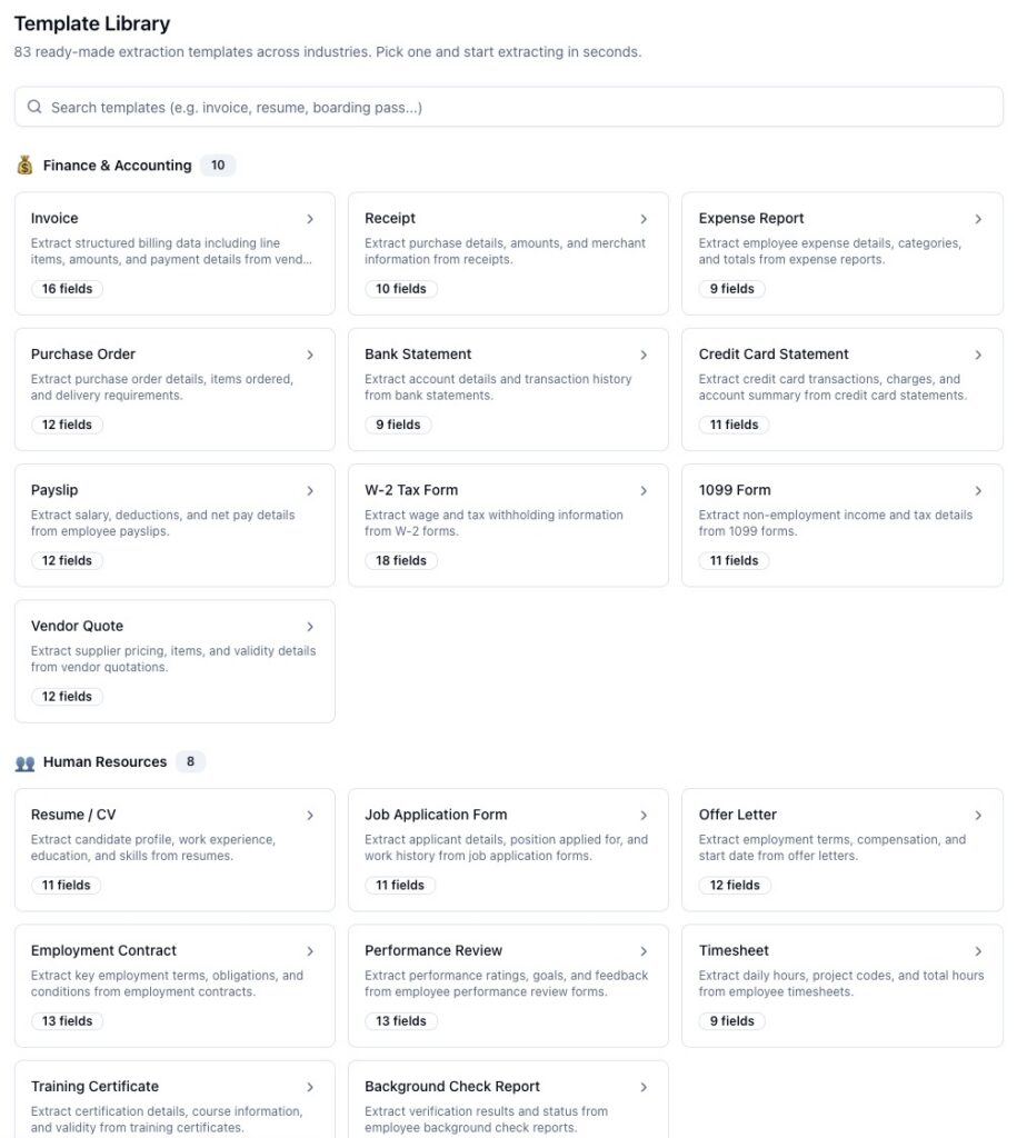 ParserBee Template Library with ready-made extraction templates for invoices, receipts, and bank statements