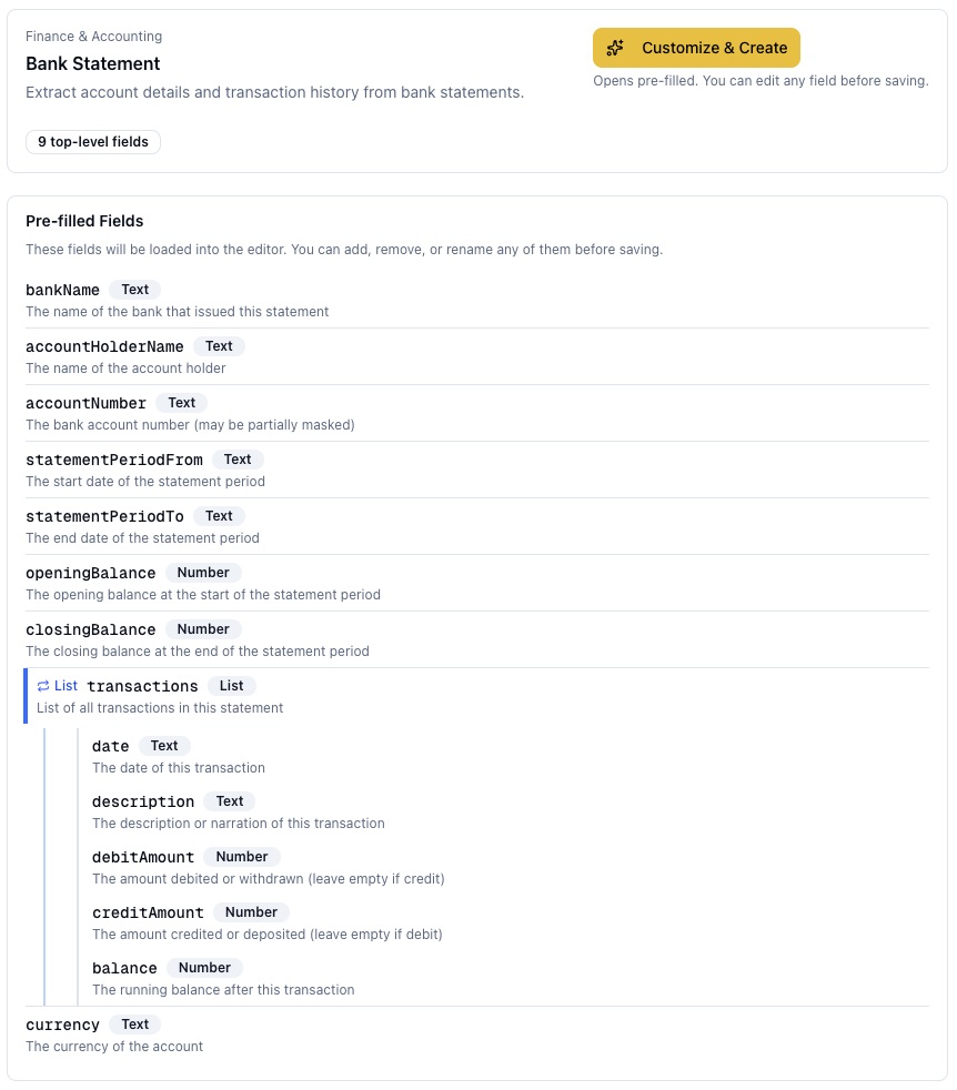 ParserBee bank statement template with transaction fields for date, description, debit, credit, and balance
