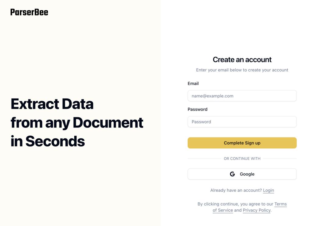 ParserBee create-account sign-up screen with email and password fields beside the headline Extract data from any document in seconds