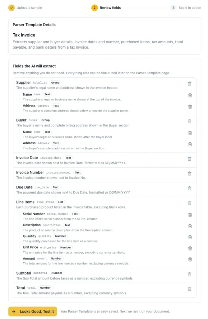 Step 2 of the AI document parser builder, "Review fields", showing a generated Tax Invoice Parser Template with extraction fields for supplier, buyer, invoice date and number, line items, subtotal and total, plus a "Looks Good, Test It" button