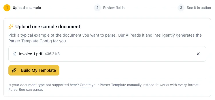 Step 1 of the AI document parser builder, "Upload a sample", with Invoice 1.pdf selected and a "Build My Template" button