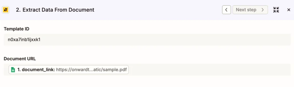 Zapier Extract Data From Document action with the Template ID and Document URL fields filled in