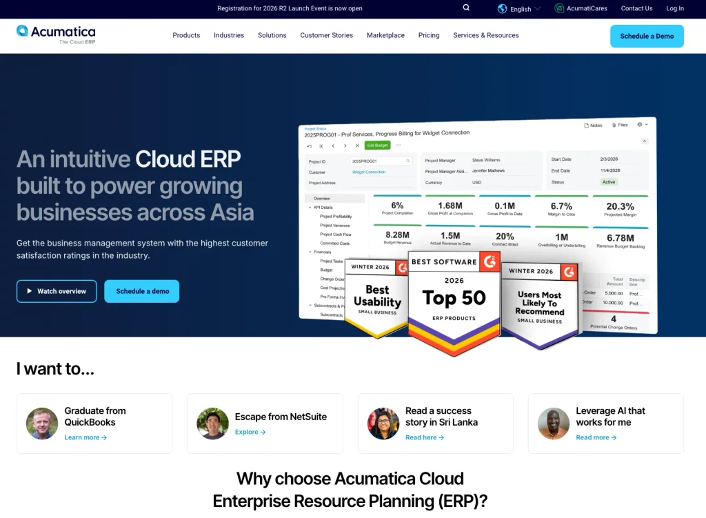 Acumatica homepage showing its cloud ERP