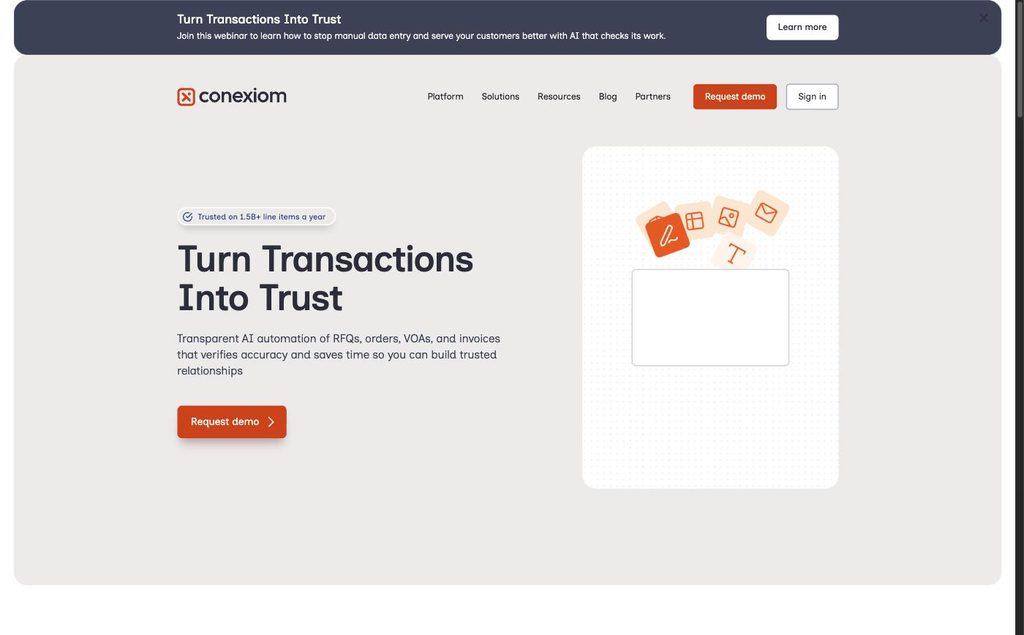 Conexiom homepage showing touchless sales order automation for distributors