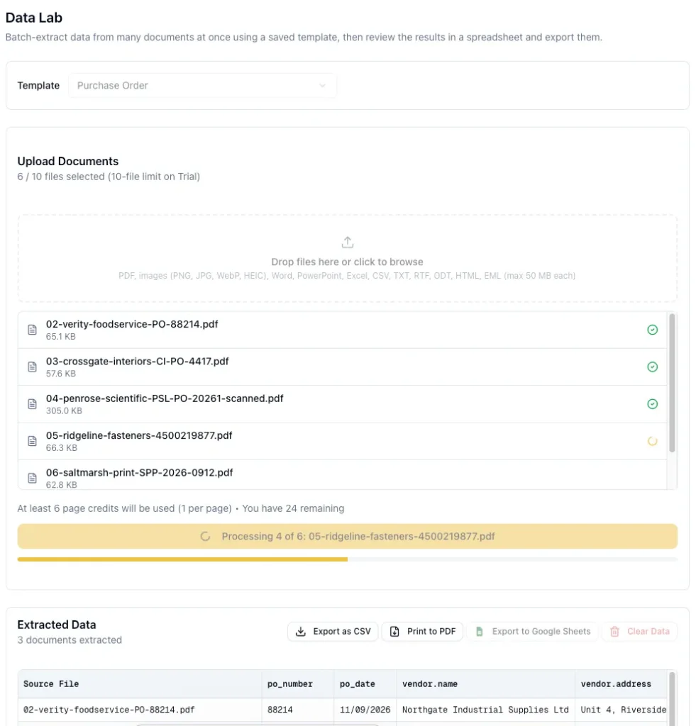 ParserBee Data Lab bulk-extracting a batch of purchase orders