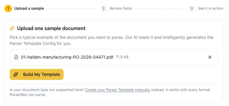 ParserBee AI wizard with a sample purchase order uploaded to generate a Parser Template