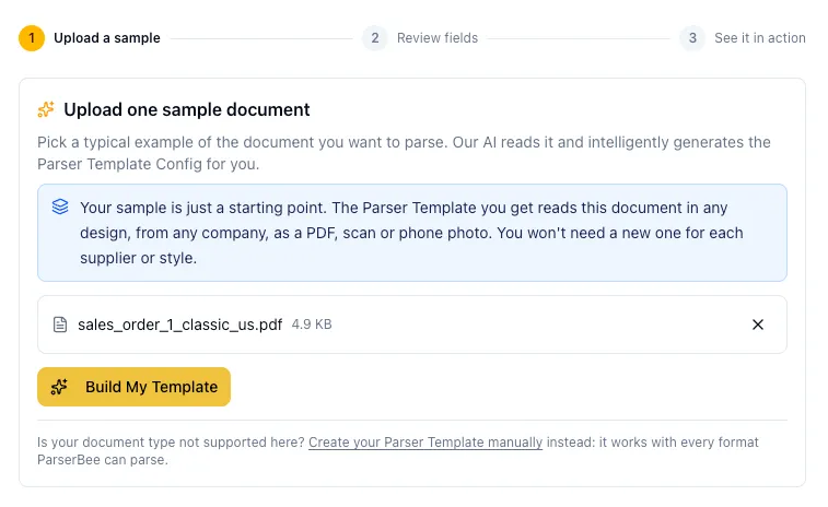 ParserBee AI wizard building a Parser Template from a customer purchase order