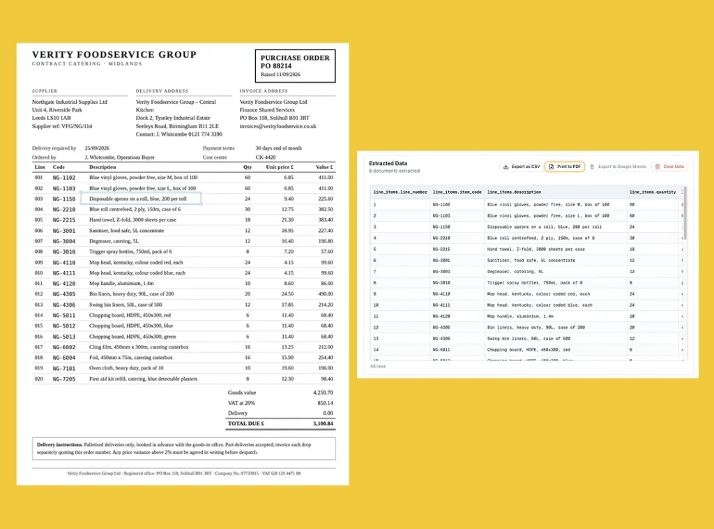 Purchase order beside ParserBee's extracted data with line items shown as structured rows