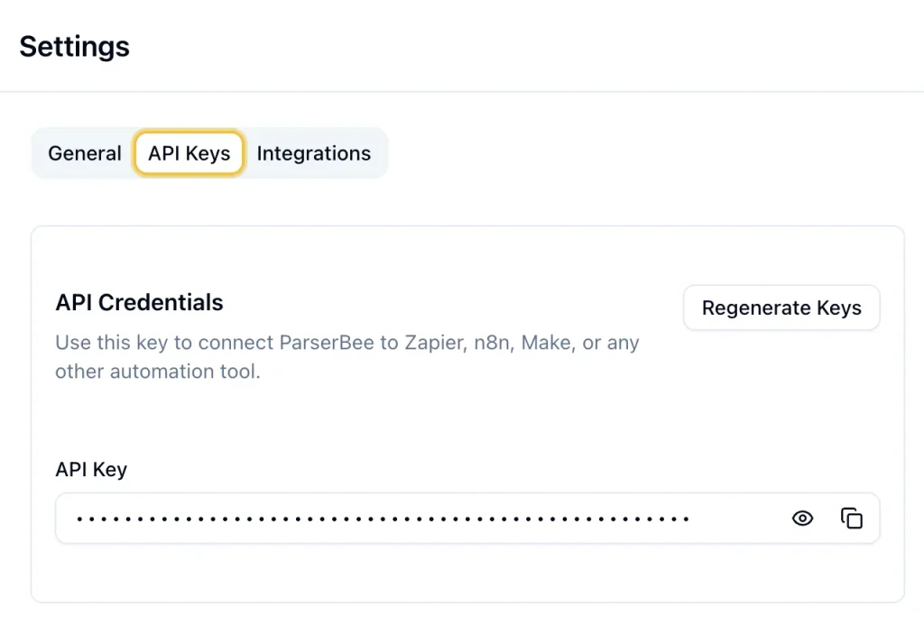 ParserBee Settings on the API Keys tab, showing the masked API key and its copy button