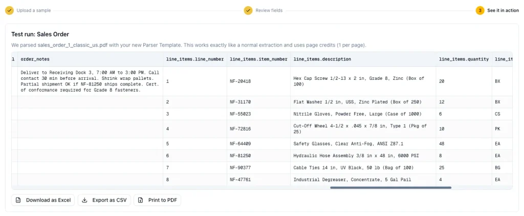 ParserBee showing extracted purchase order lines in a table