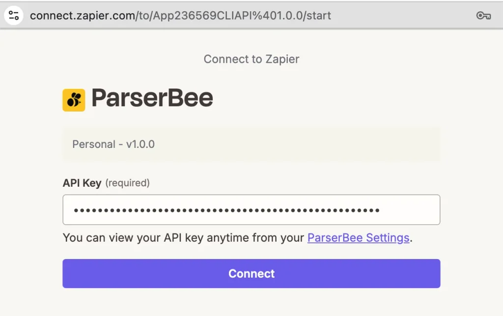 Zapier Connect to ParserBee window with the API Key field filled in