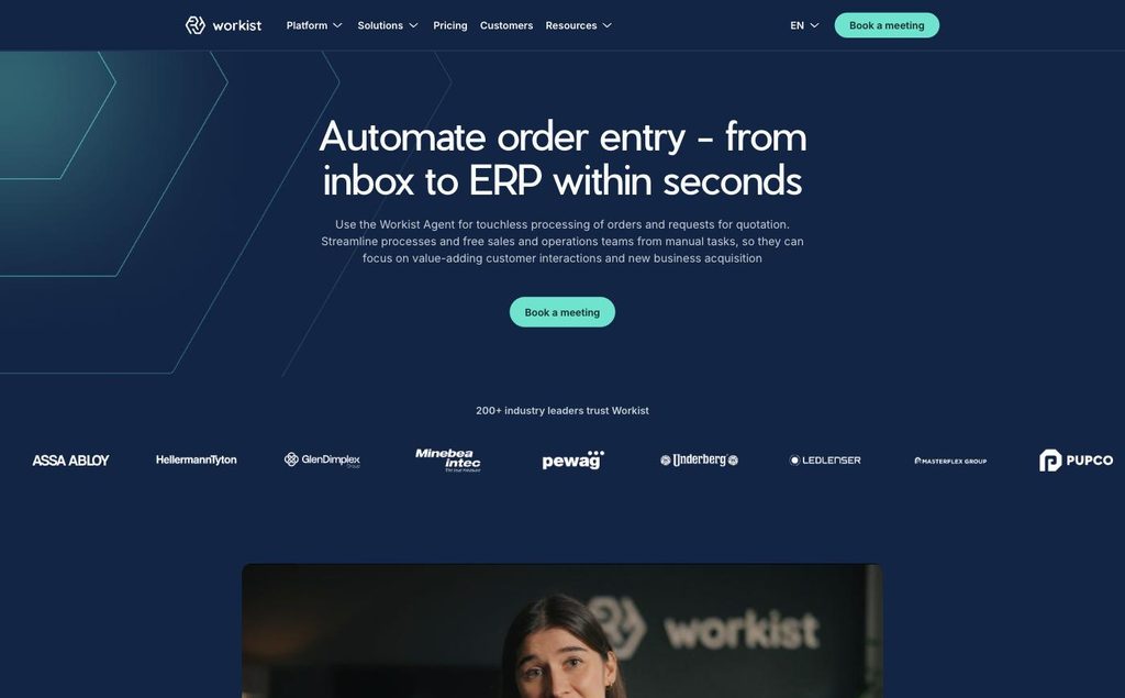 Workist homepage showing AI order entry for manufacturers